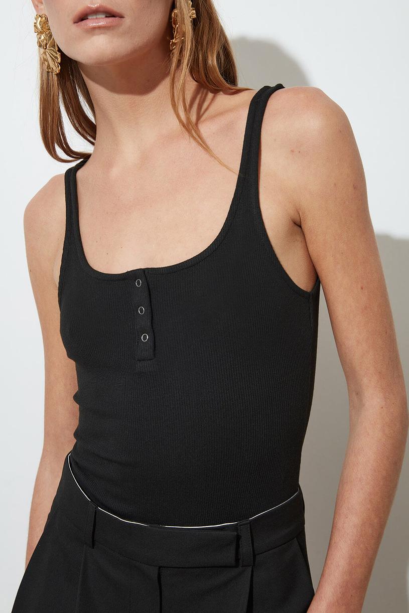 Black Sleeveless Bodysuit With Snap