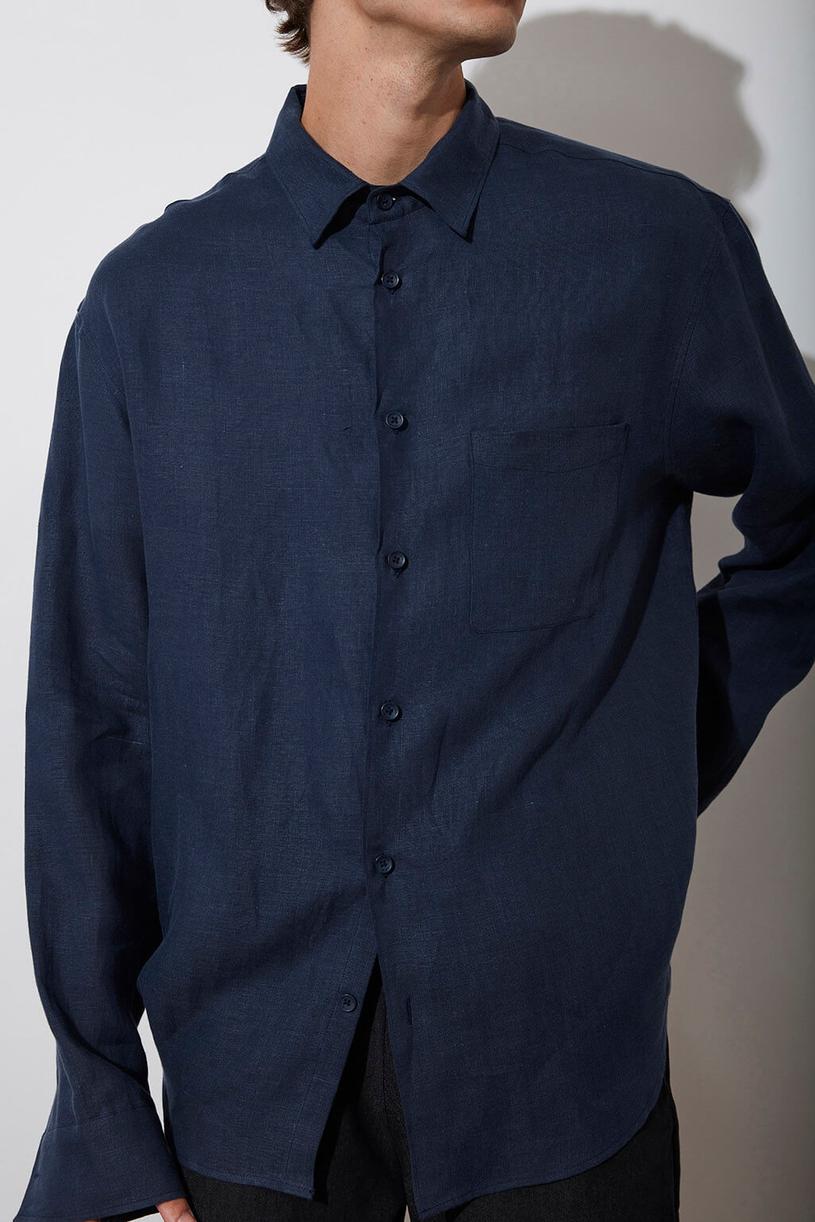 Navy Blue Oversize %100 Linen Shirt