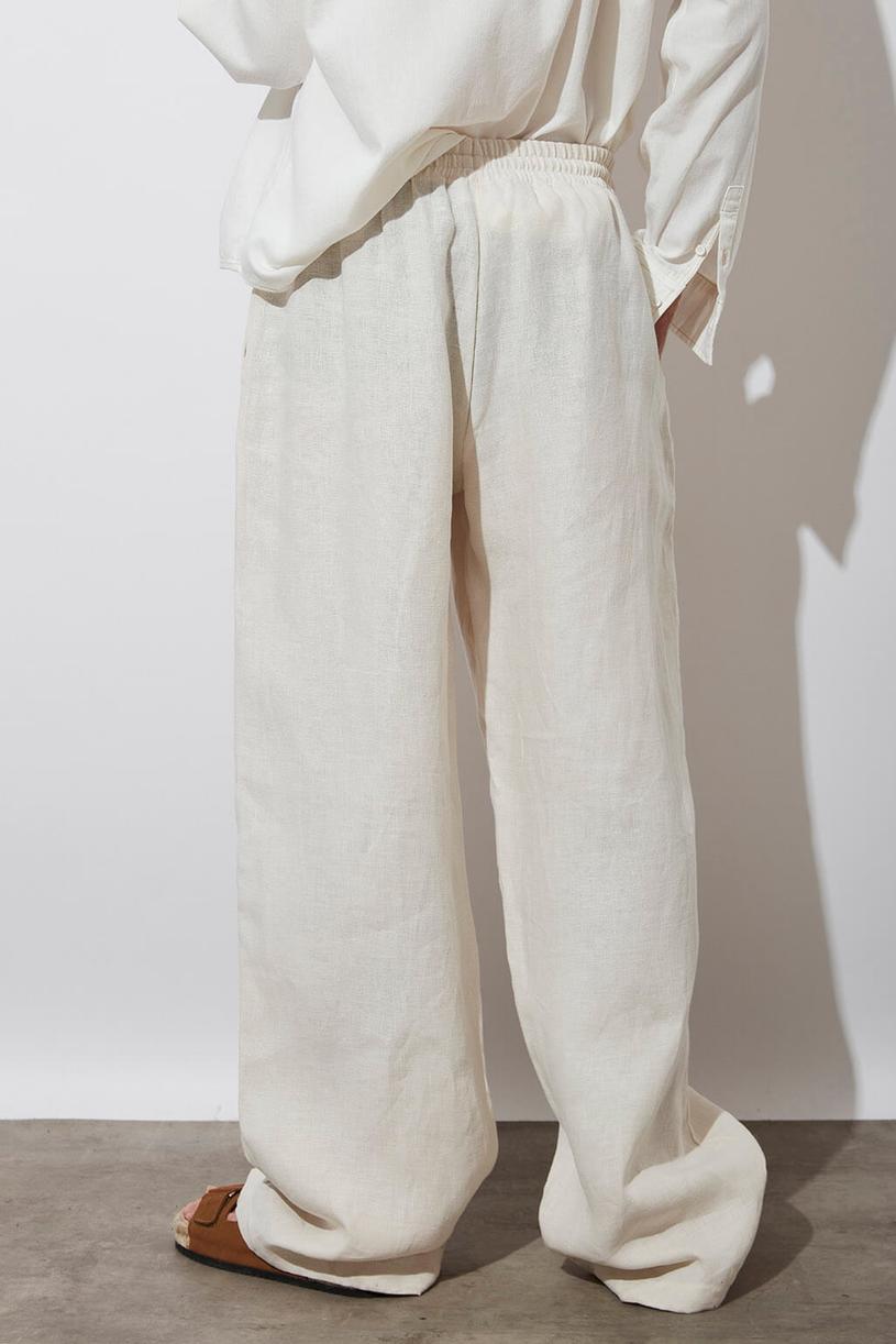 Cream Elastic Waist %100 Linen Pants