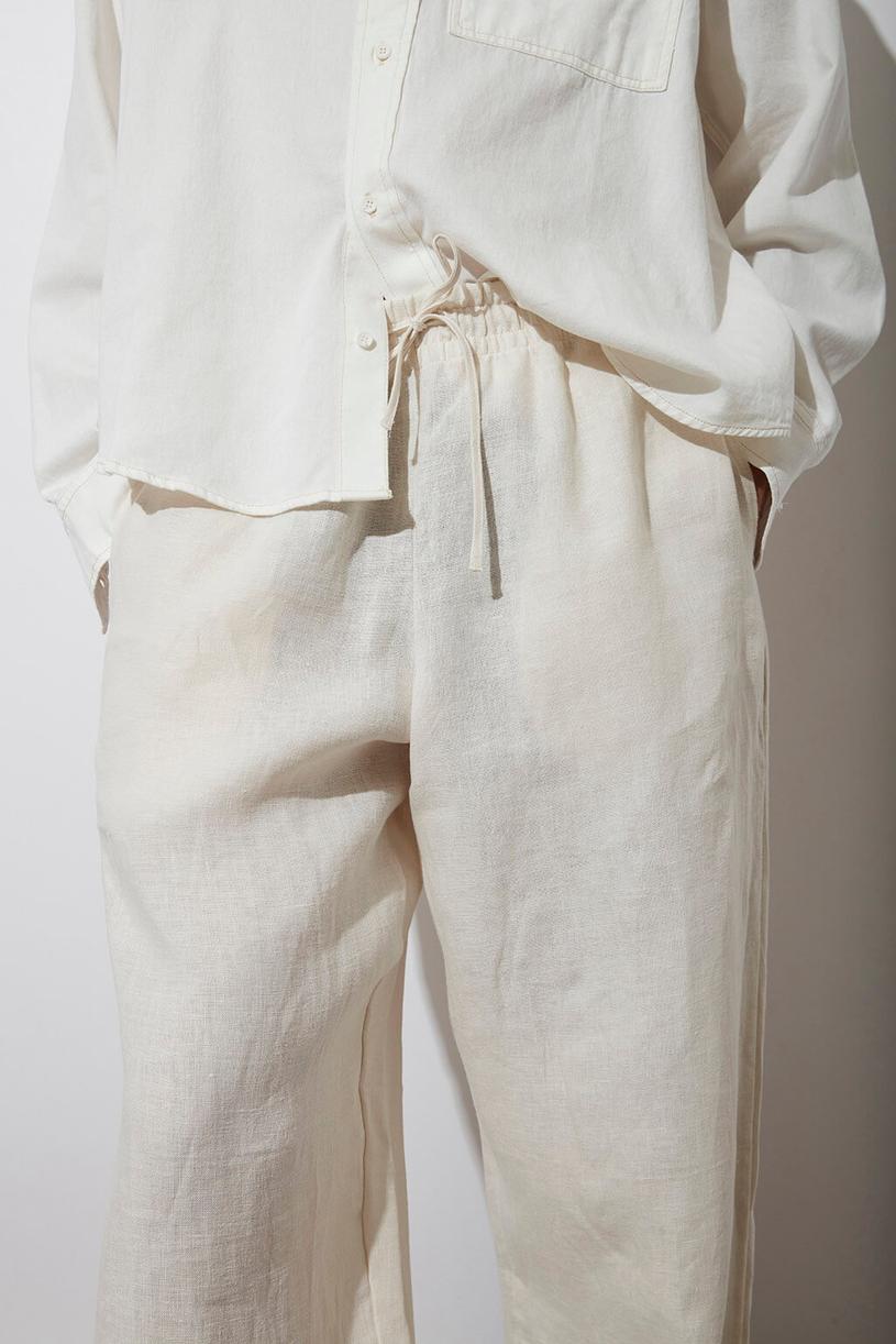 Cream Elastic Waist %100 Linen Pants