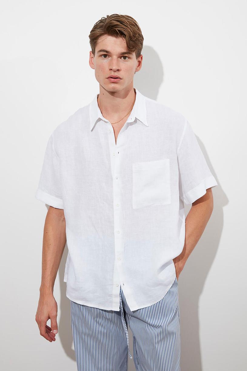 White Short Sleeve %100 Linen Shirt