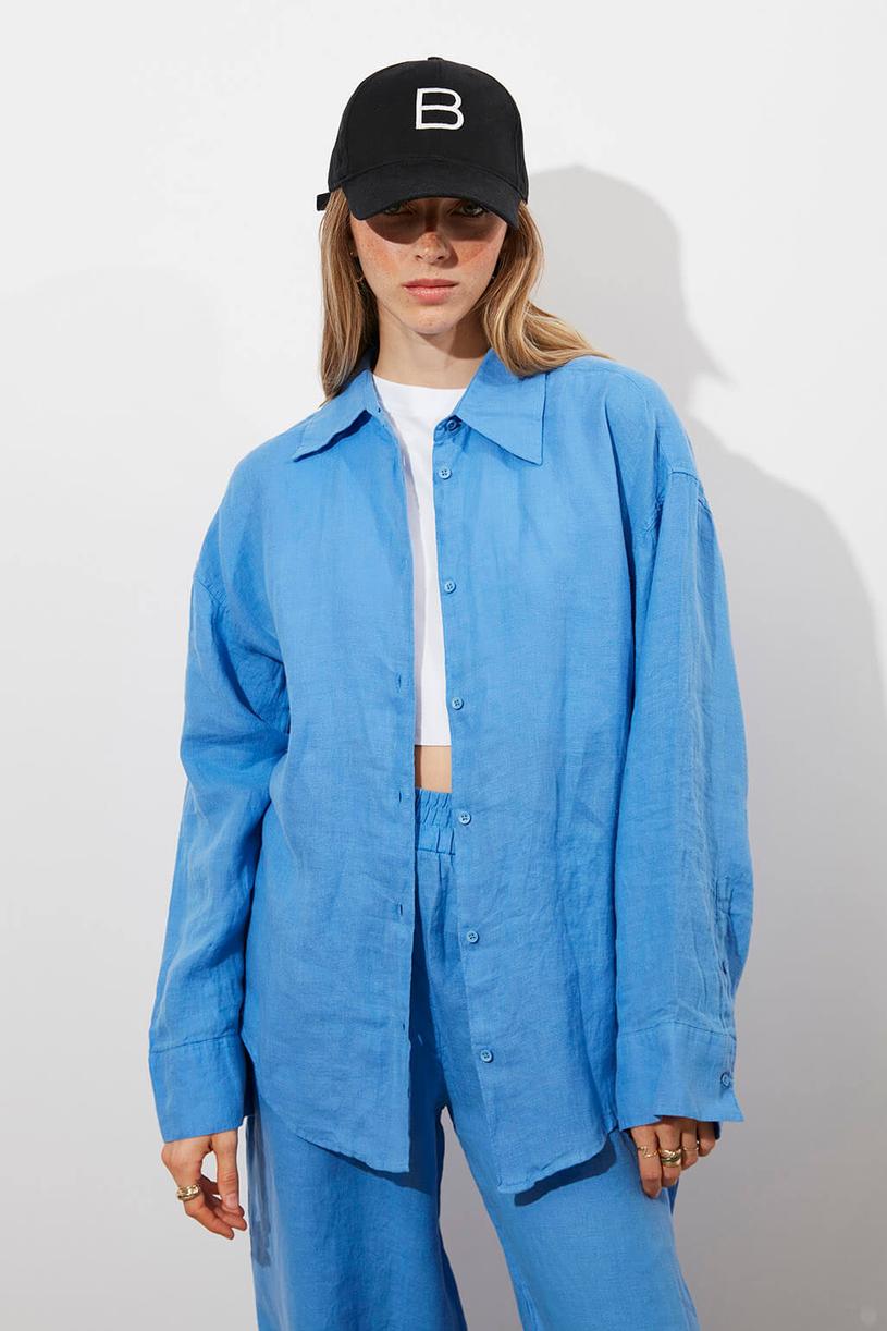 Blue Oversize %100 Linen Shirt