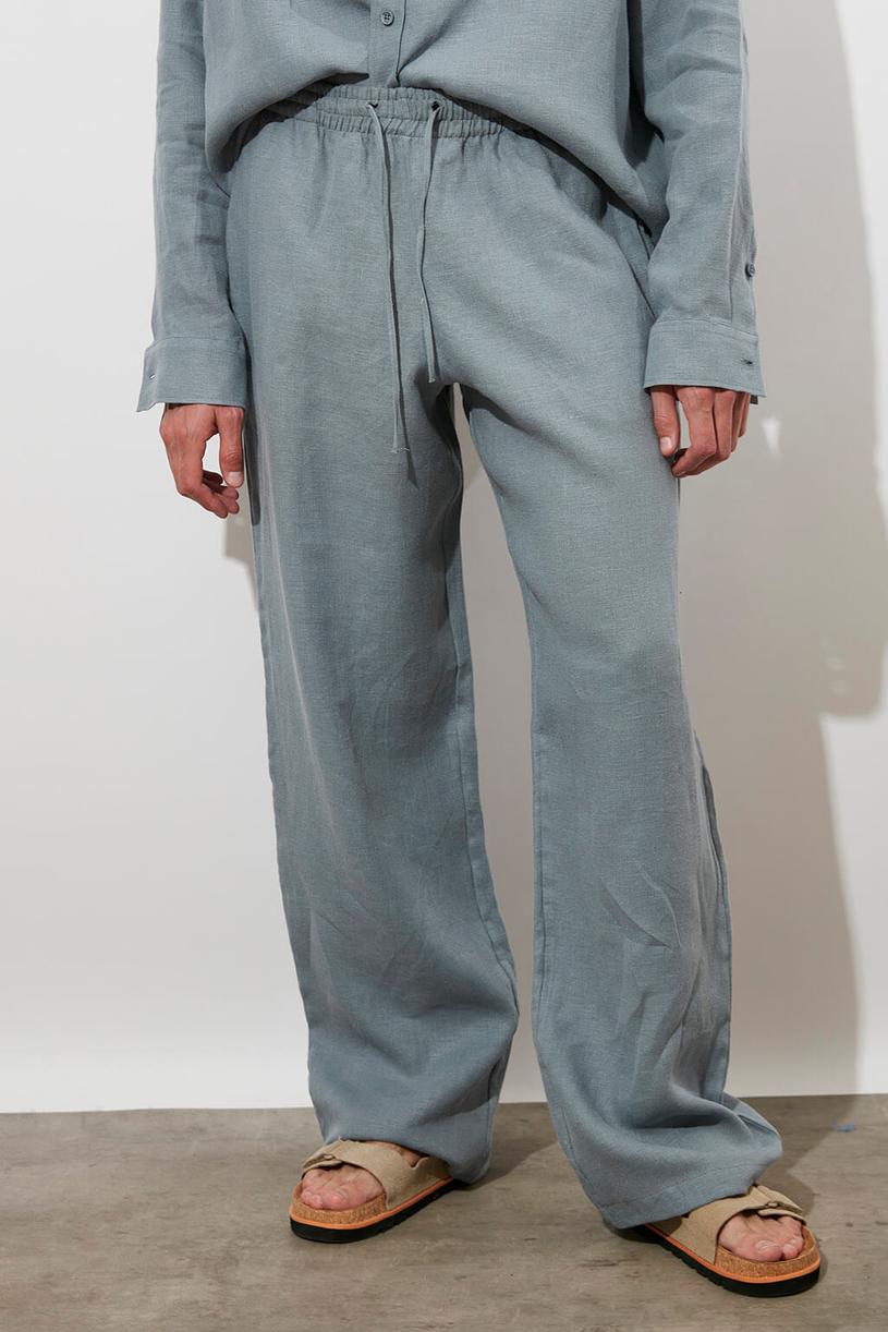 Grey Elastic Waist %100 Linen Pants