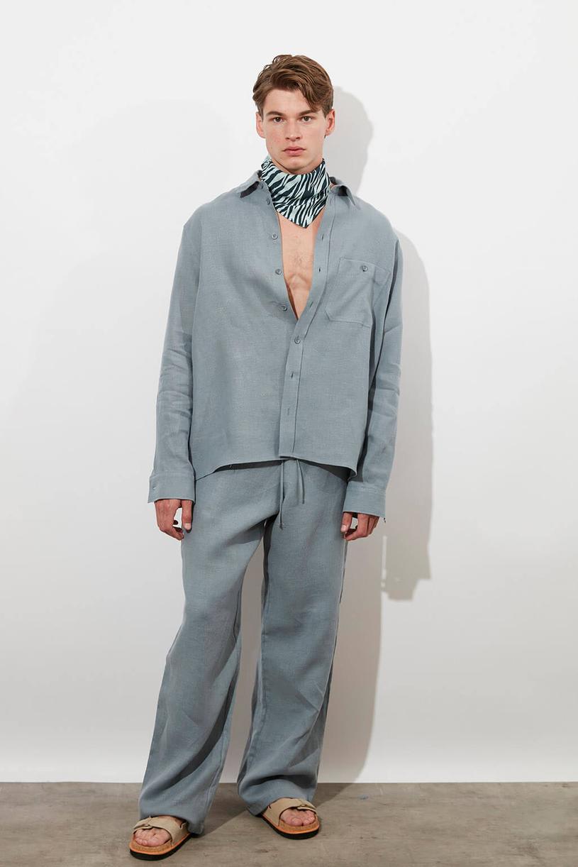 Grey Elastic Waist %100 Linen Pants