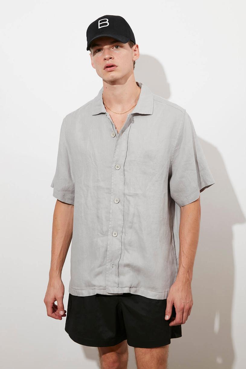 Grey Short Sleeve %100 Linen Shirt