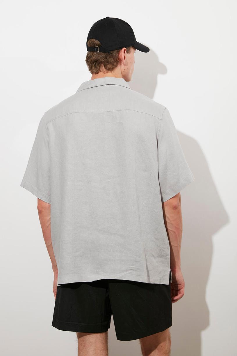 Grey Short Sleeve %100 Linen Shirt