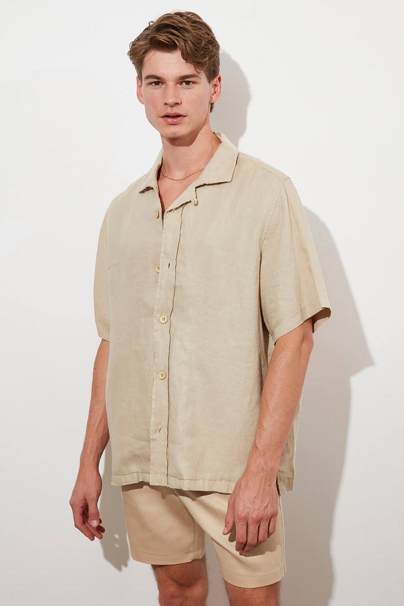 Beige Short Sleeve %100 Linen Shirt