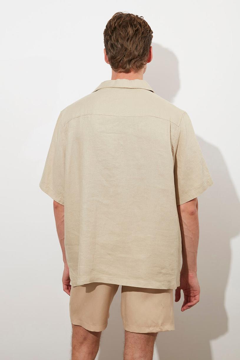 Beige Short Sleeve %100 Linen Shirt