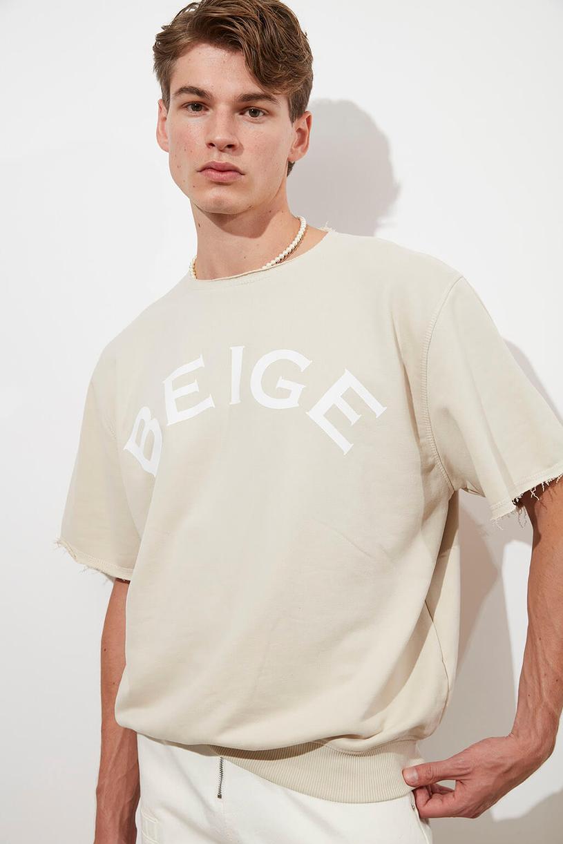 Beige Printed Short Sleeve Sweatshirt