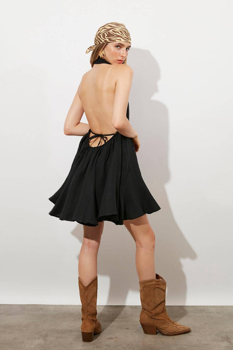 Black Backless %100 Linen Mini Dress