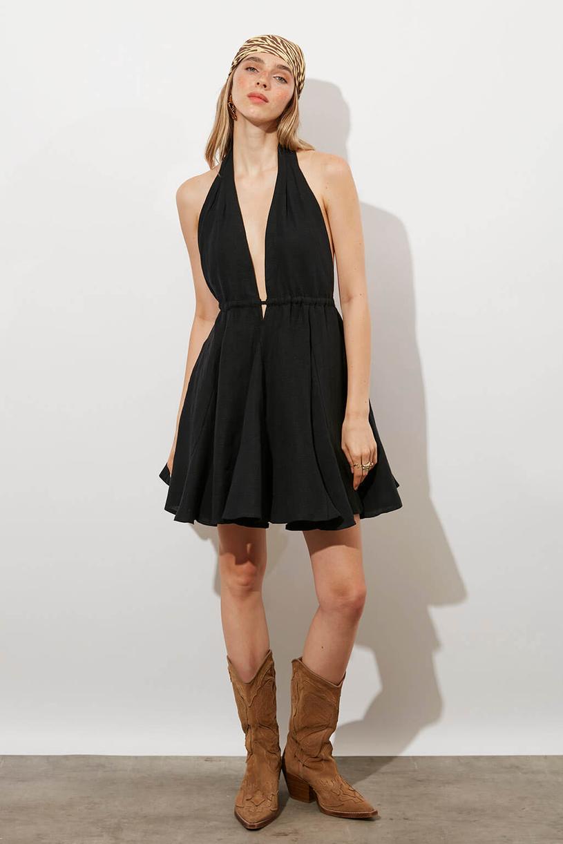 Black Backless %100 Linen Mini Dress