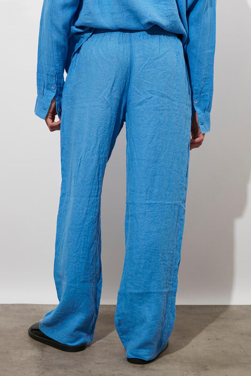 Blue Elastic Waist %100 Linen Pants