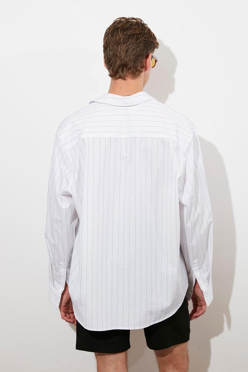 White Popline Stripped Oversize Shirt