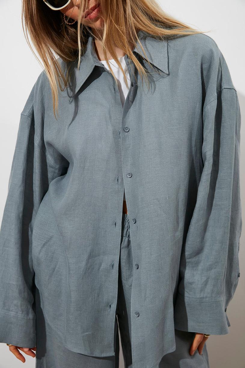 Grey Oversize %100 Linen Shirt