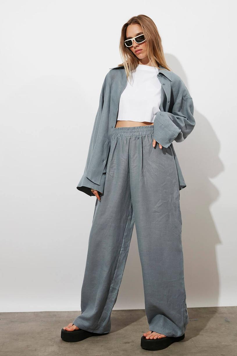 Grey Elastic %100 Linen Pants