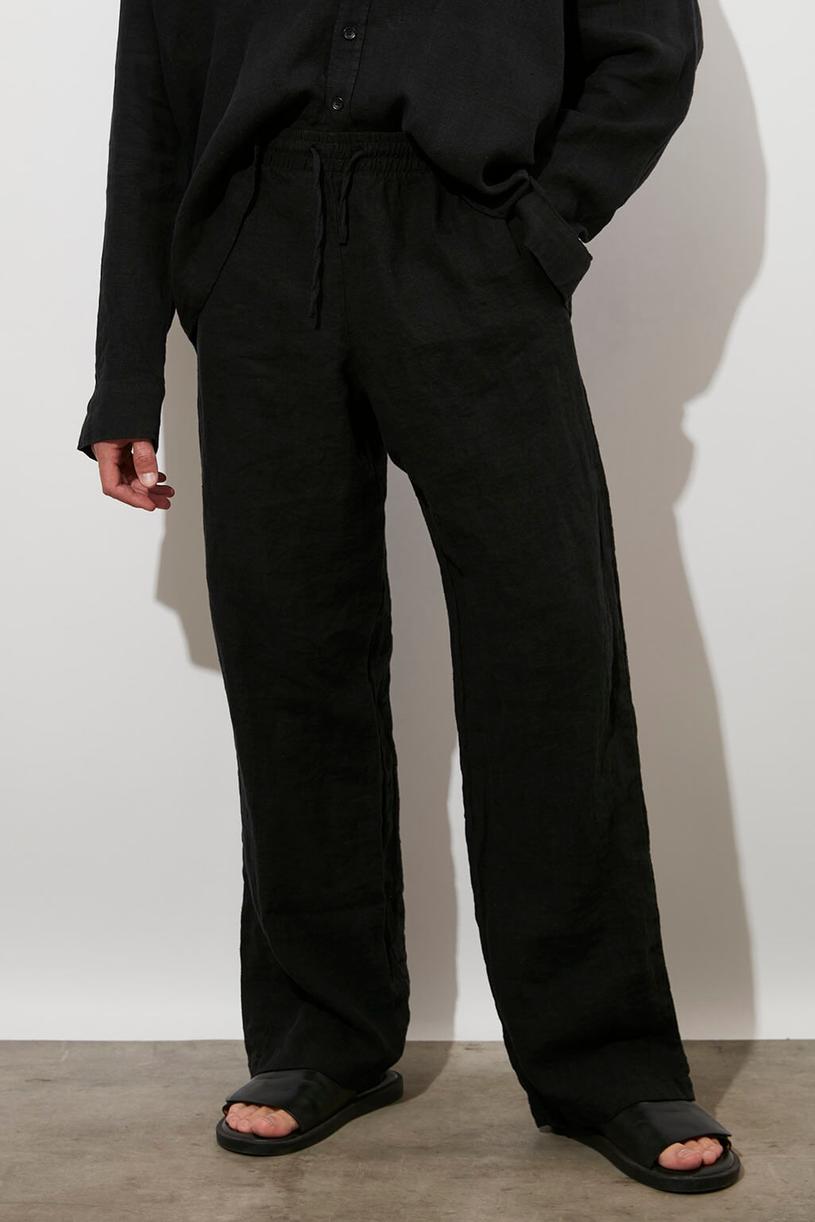 Black Elastic Waist %100 Linen Pants