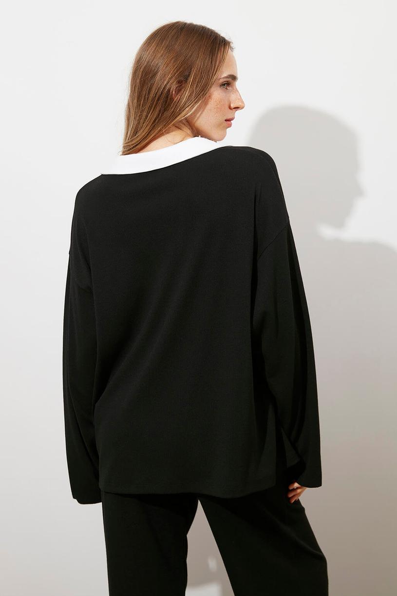Black Contrast Polo Neck Long Sleeve Tshirt