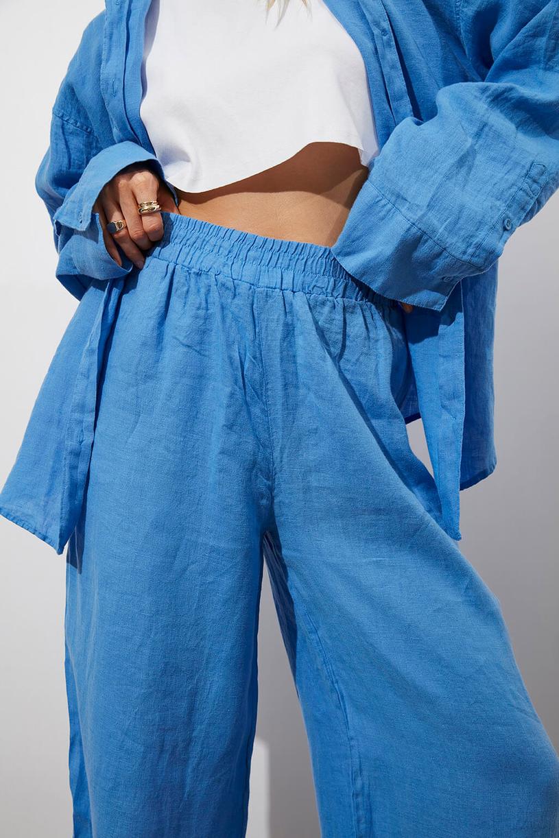 Blue Elastic %100 Linen Pants