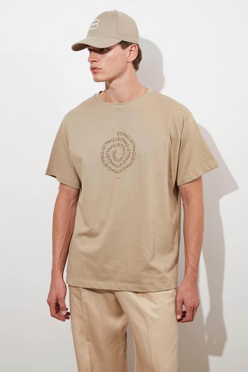 Beige Printed Oversize Compakt Tshirt