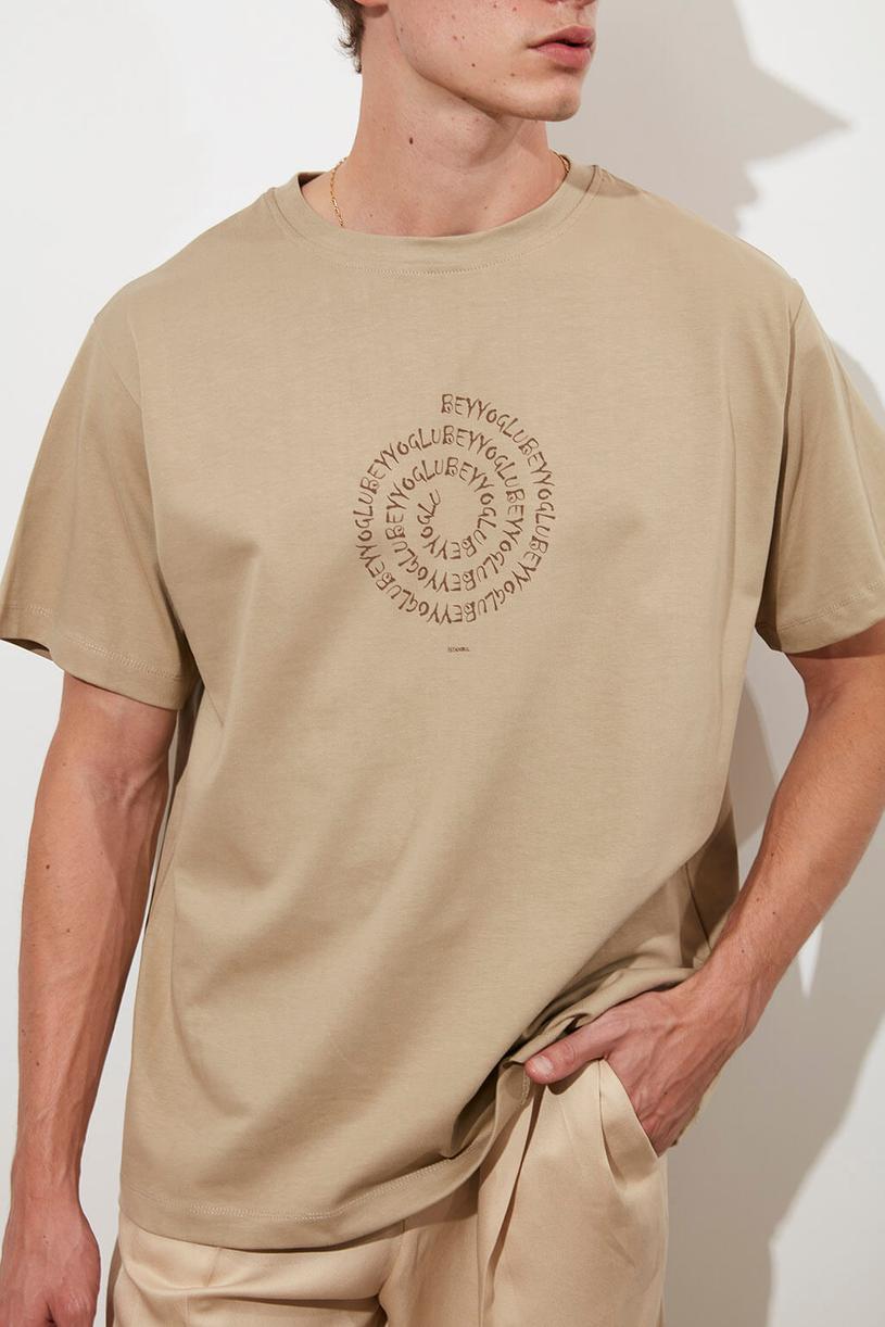 Beige Printed Oversize Compakt Tshirt