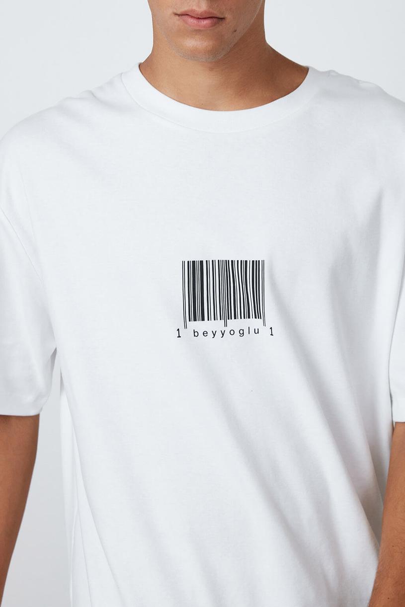 White Barcode Print Oversize Tshirt