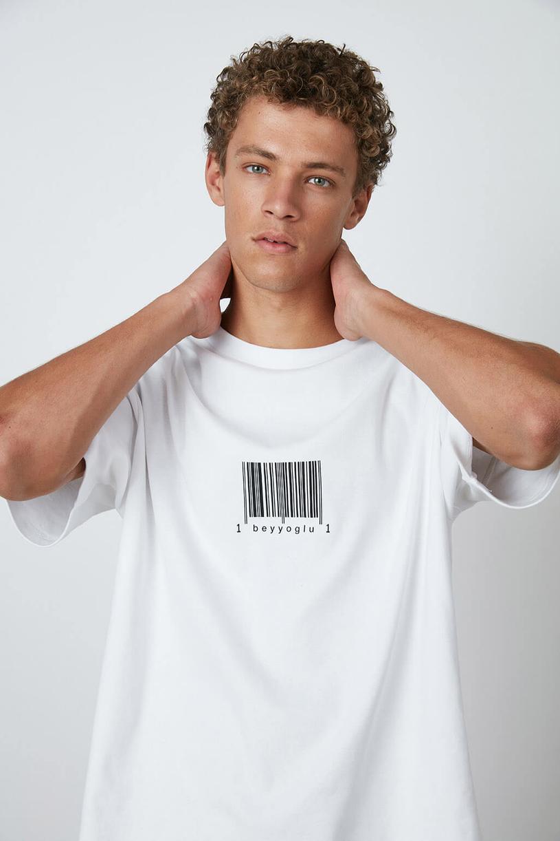 White Barcode Print Oversize Tshirt