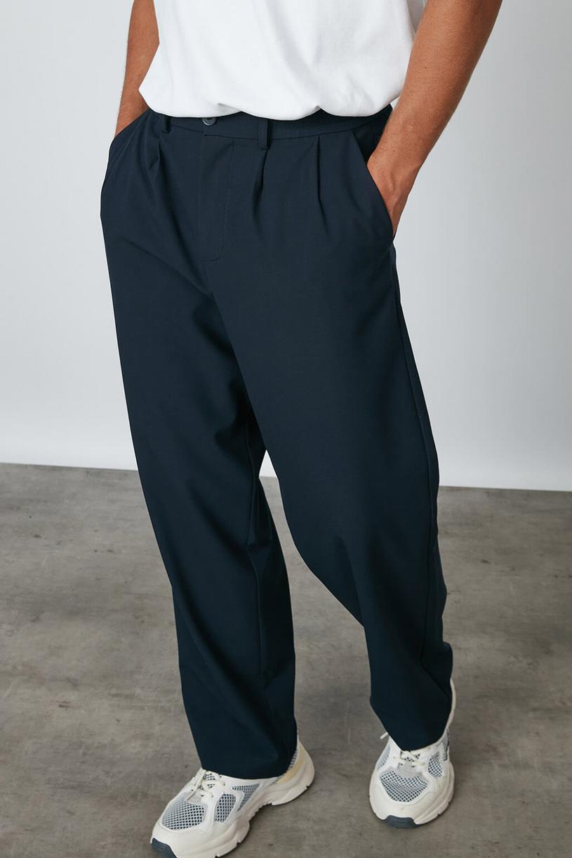 Navy Blue Pleated Elastic Waist Pants