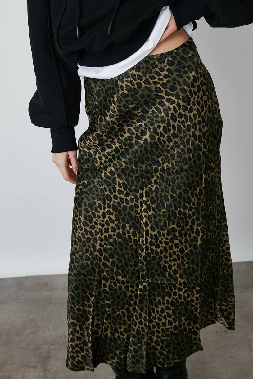 Khaki Printed Sateen Midi Skirt