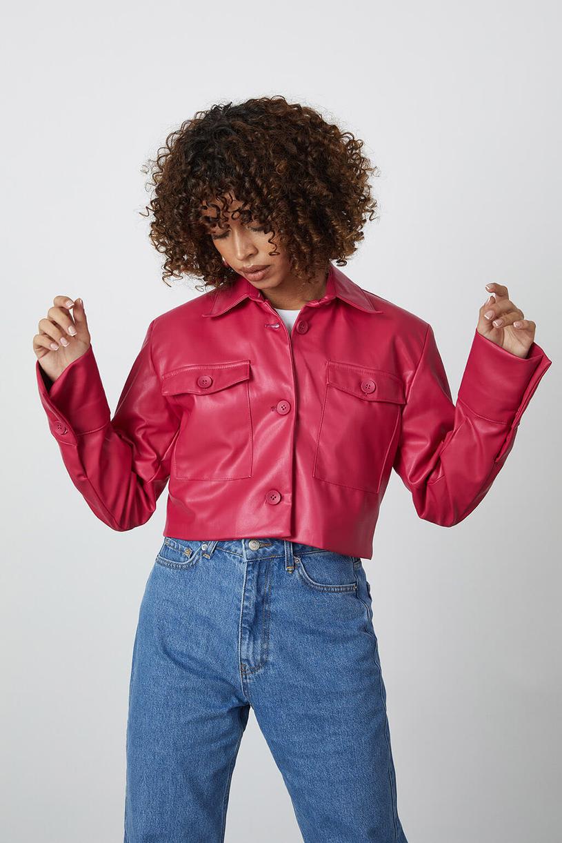 Pink Leather Mini Shirt Jacket