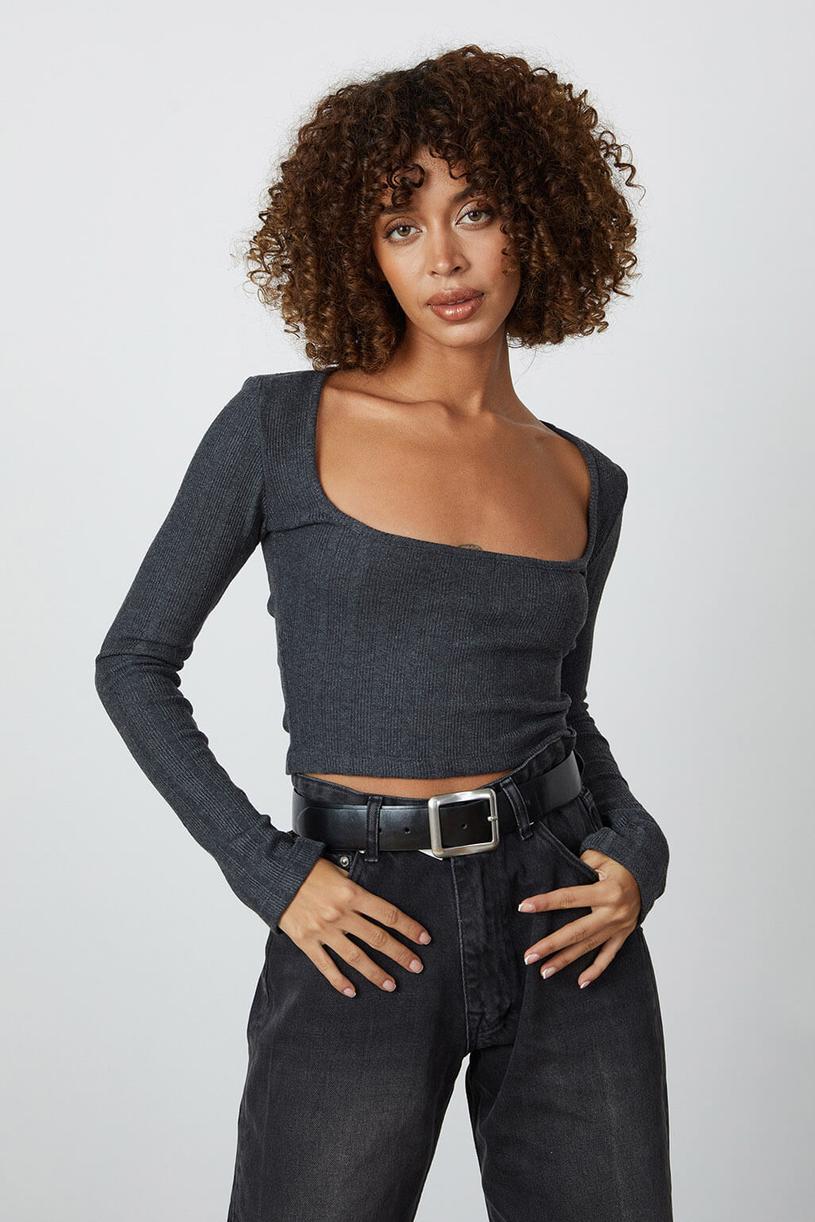 Anthracite Long Sleeve Square Neck Croptop