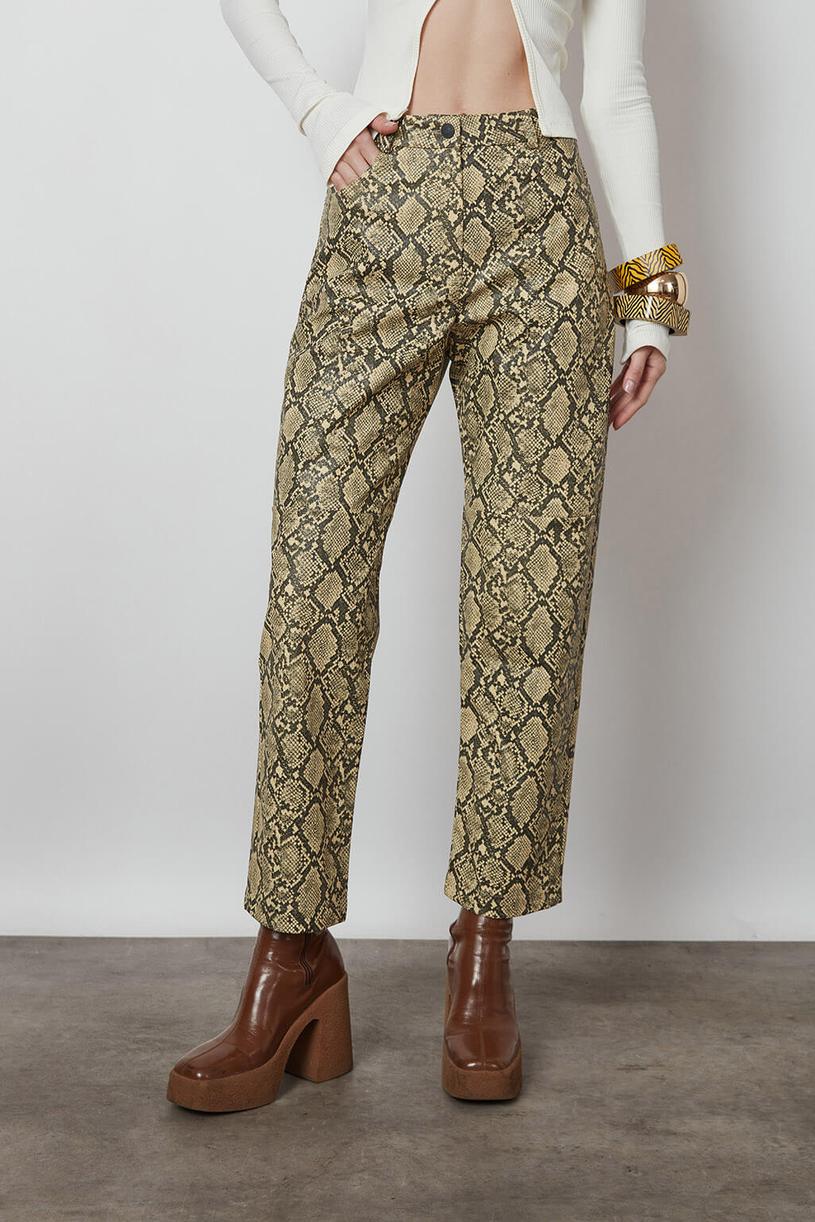 Yellow Snake Pattern Leather Pants