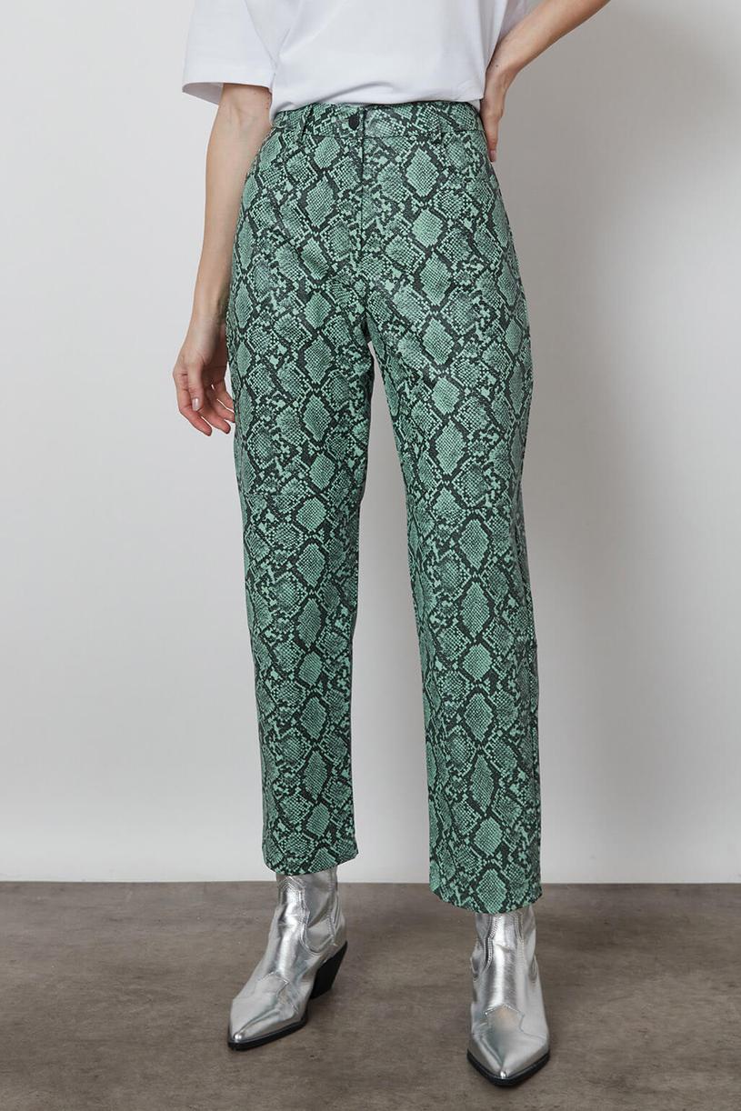 Yeşil Yılan Desenli Deri Pantolon