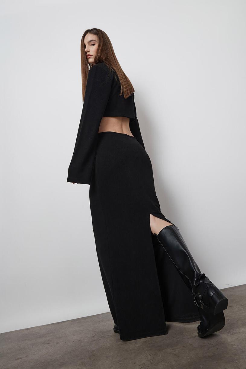 Black Knitwear Midi Skirt
