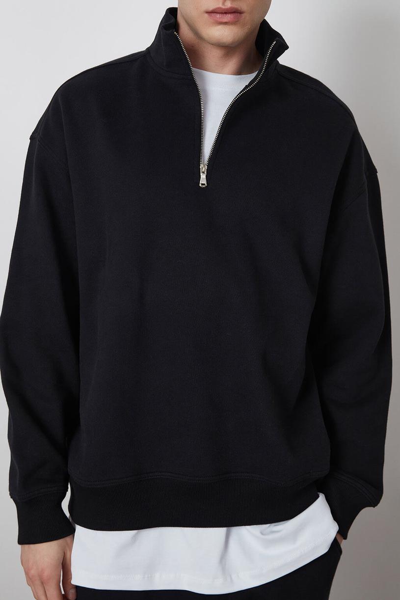 Black High Neck Oversize Sweatshirt With Zip
