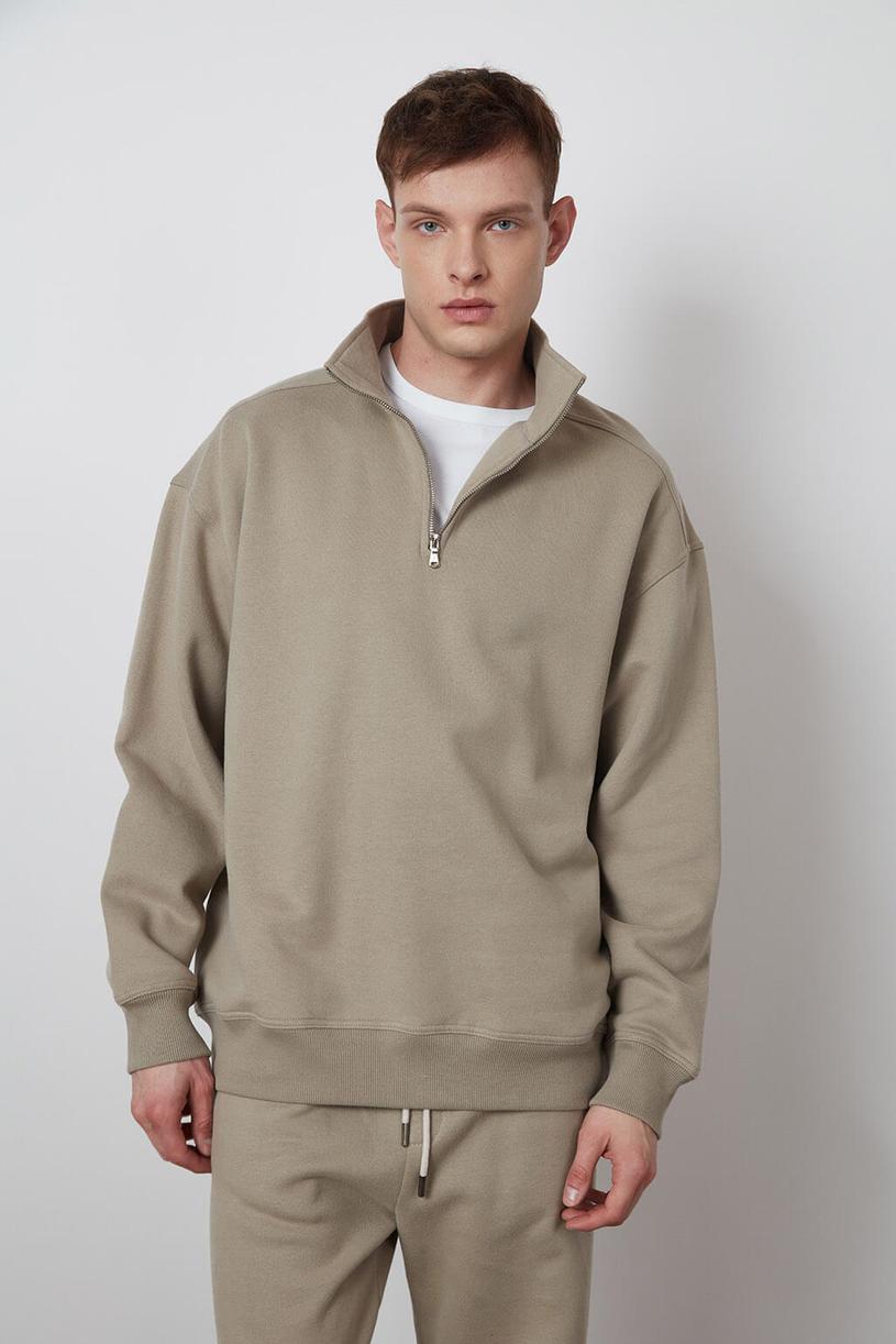 Beige High Neck Oversize Sweatshirt With Zip
