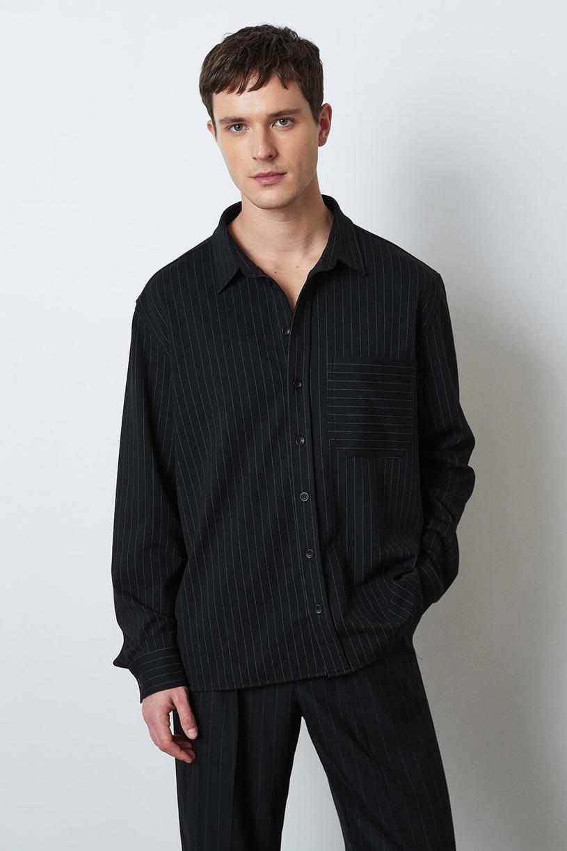 Black Stripped Knitting Oversize Shirt