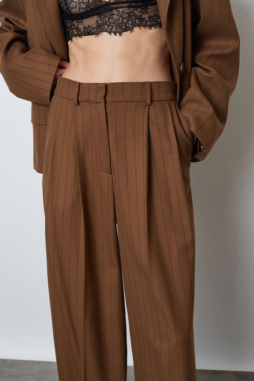 Camel Stripped Two Pleated Palazzo Pants