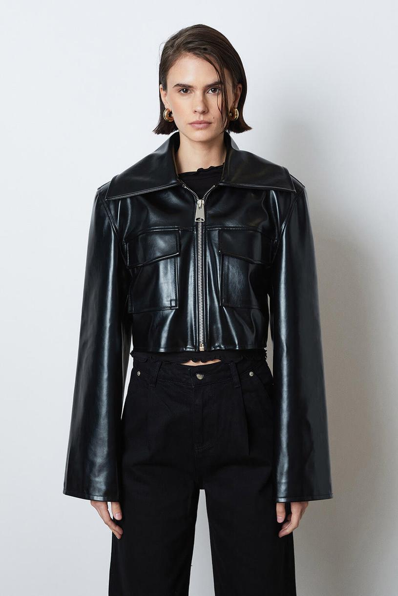 Black Leather Crop Jacket With Pocket