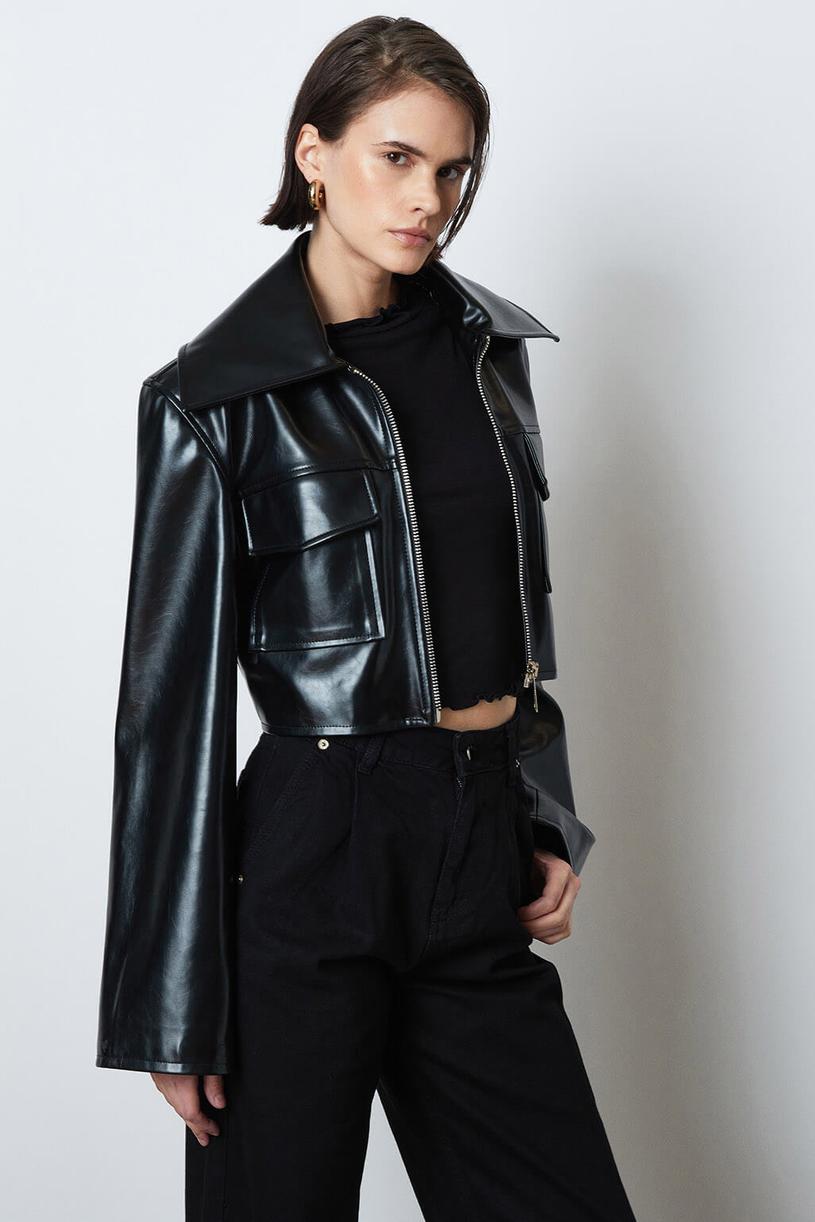 Black Leather Crop Jacket With Pocket