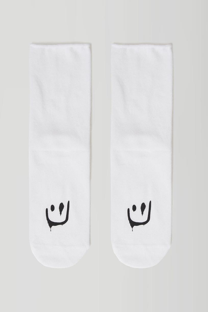 White Smiley Print Socks