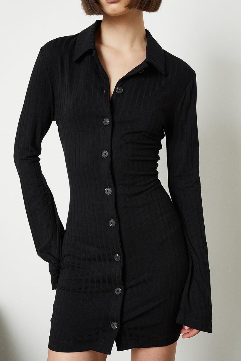 Black Mini Knitting Shirt Dress