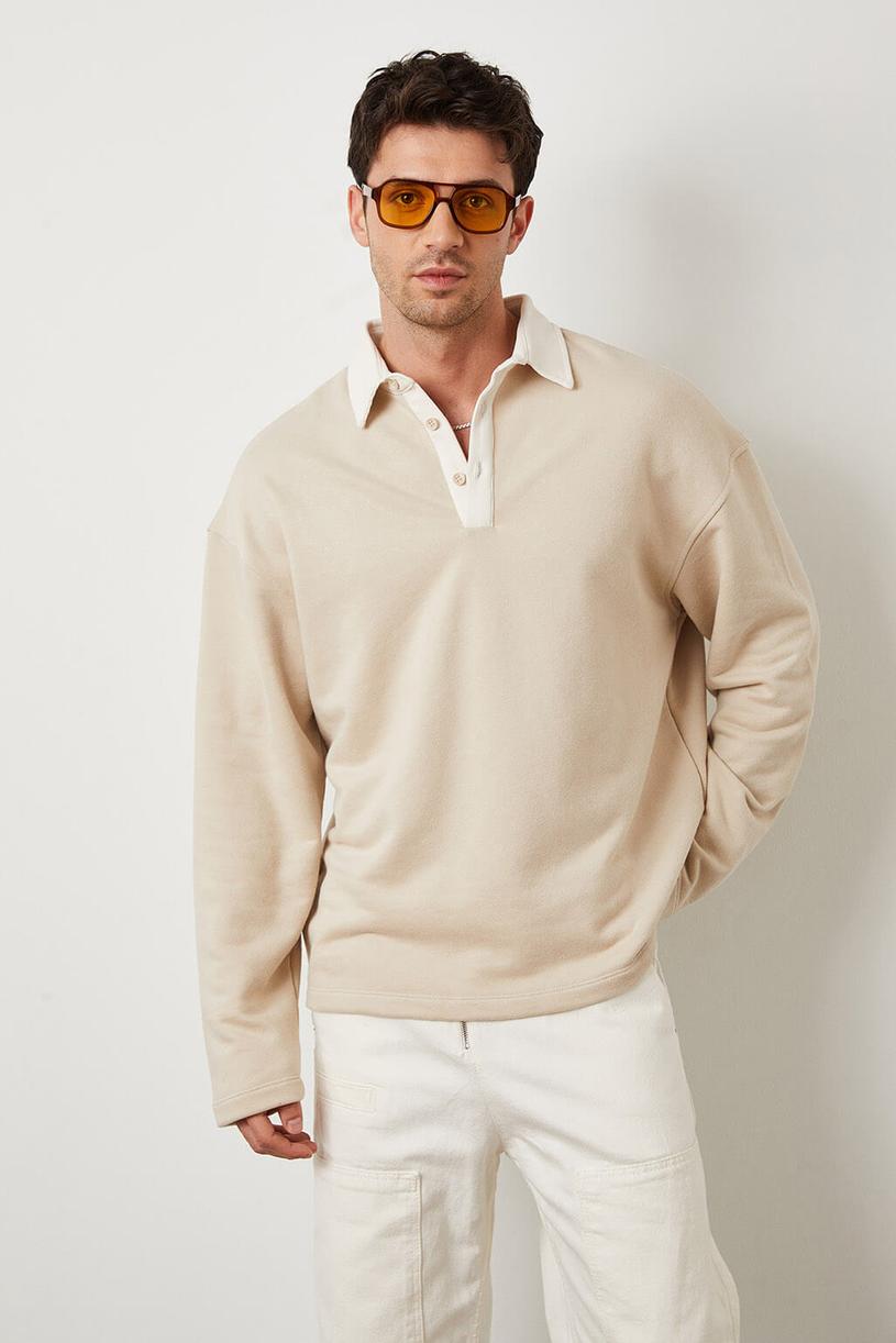 Beige Contrast Polo Neck Sweatshirt