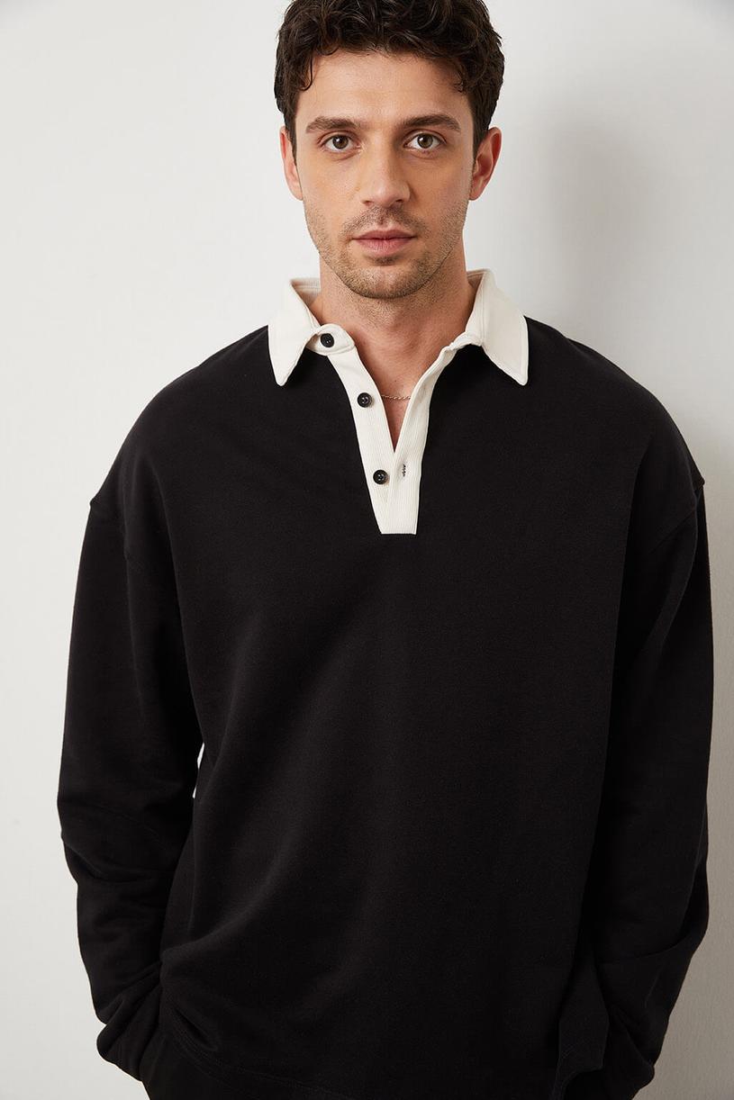 Black Contrast Polo Neck Sweatshirt