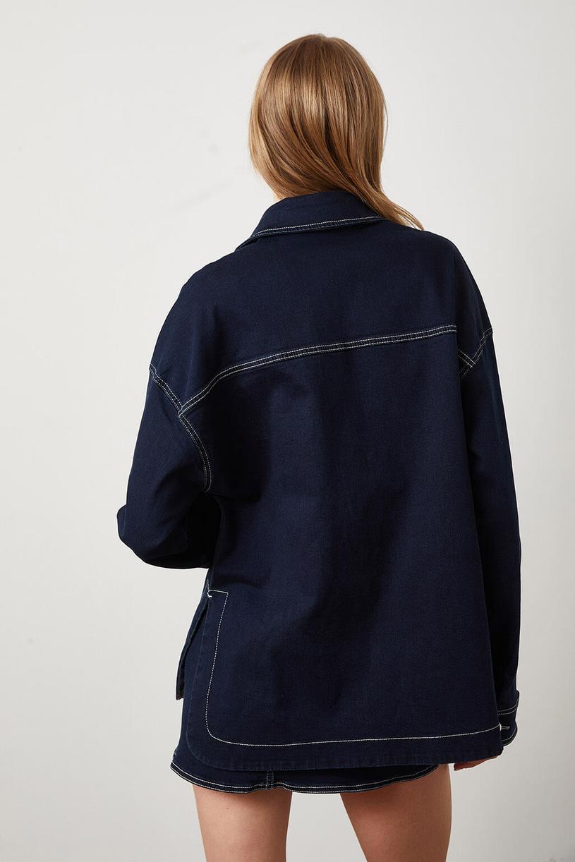 Navy Blue Oversize Denim Shirt With Contrast Stitching
