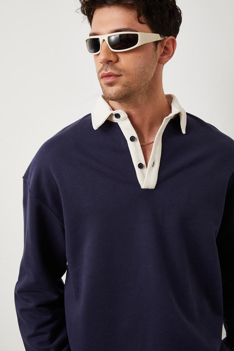 Navy Blue Contrast Polo Neck Sweatshirt