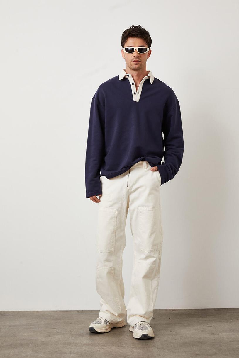 Navy Blue Contrast Polo Neck Sweatshirt