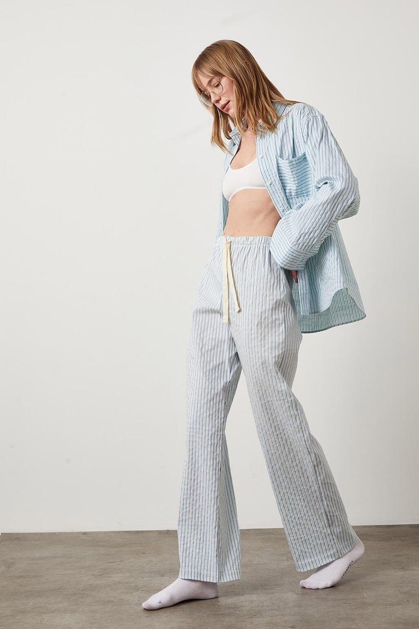 Blue Green Lace-up Striped Trousers