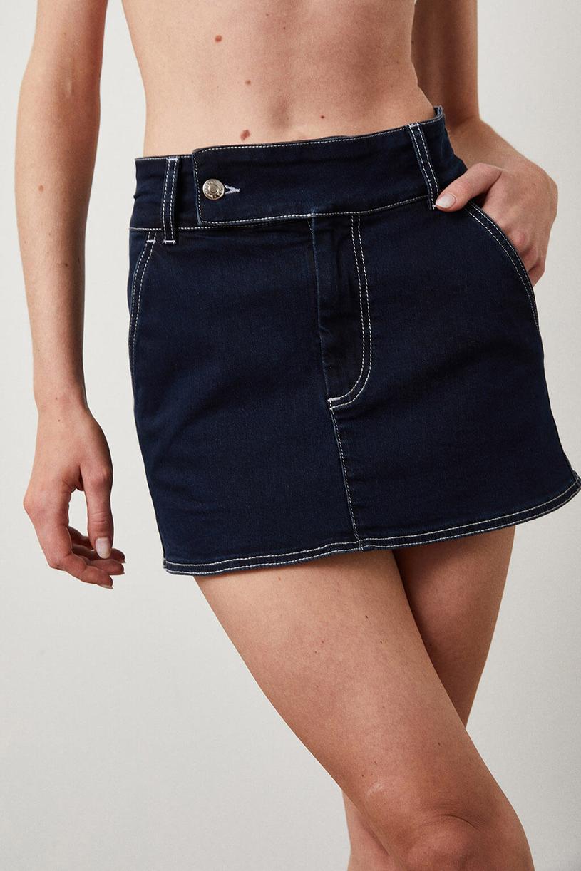 Navy Blue Mini Denim Skirt With Contrast Stitching