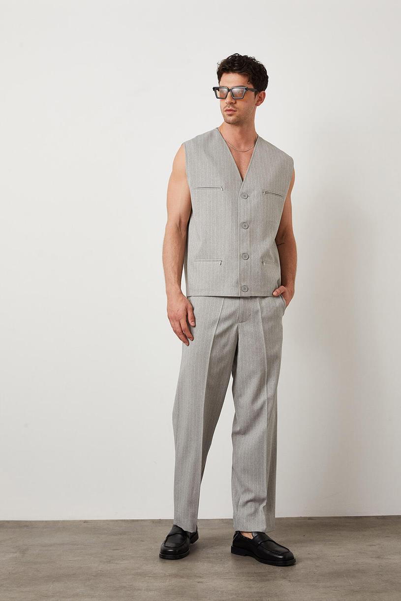Light grey Striped Pocket Vest