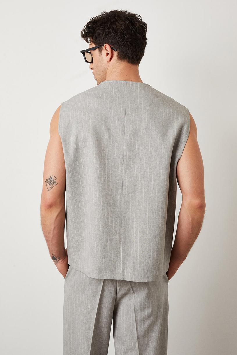 Light grey Striped Pocket Vest